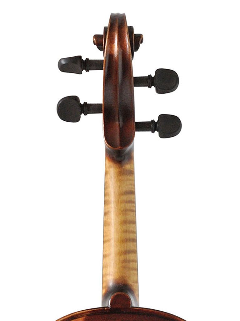 Germania 10 Paris Antiqued Violin, Front scroll, Germania 10 Paris Antiqued Violin, back scroll, Gewa, Adjusted at TEO Musical Instruments