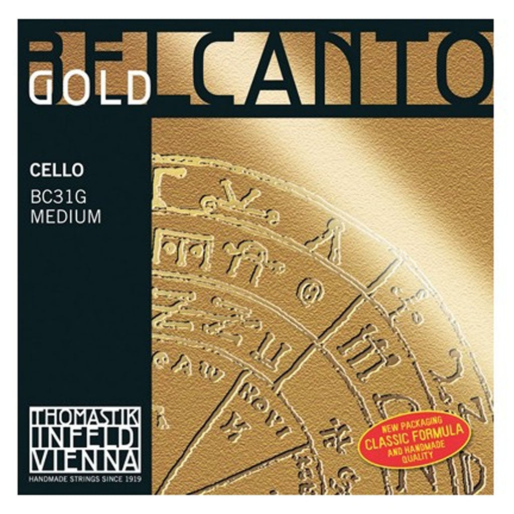 Belcanto Gold Cello Strings, Thomastik Infeld, Austria, full size, 4/4, 3/4, 1/2, 1/4, 1/8, 1/16, hand-picked and inspected by Violins and such, with TEO musical Instruments, London Ontario Canada